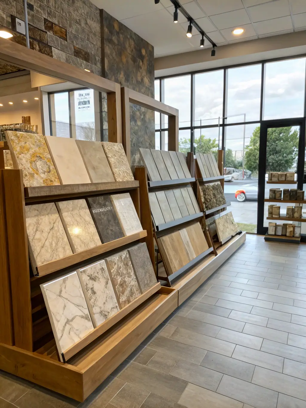 A selection of various tile samples and countertop materials displayed neatly on racks in the Vitex Innovation showroom. The image should highlight the variety and quality of materials available.