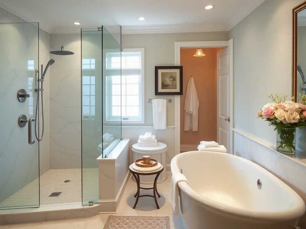 A luxurious bathroom featuring a soaking tub, walk-in shower, and custom vanities, highlighting Vitex Innovation's bathroom remodeling capabilities.