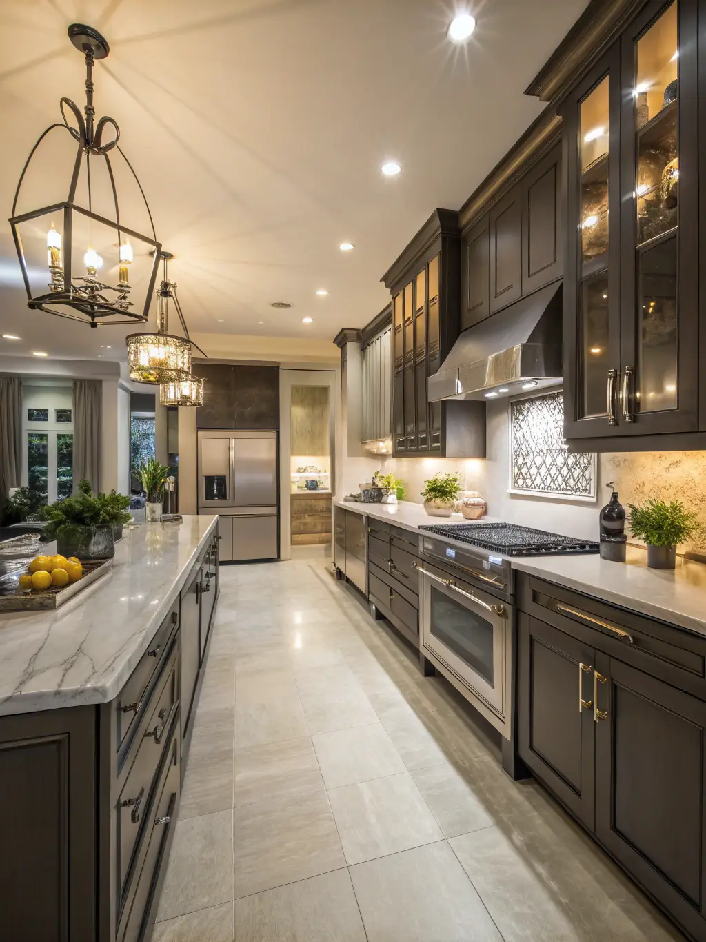 A brightly lit, modern kitchen display in the Vitex Innovation showroom, featuring white shaker cabinets, quartz countertops, and stainless steel appliances. The image should convey a sense of cleanliness and contemporary design.