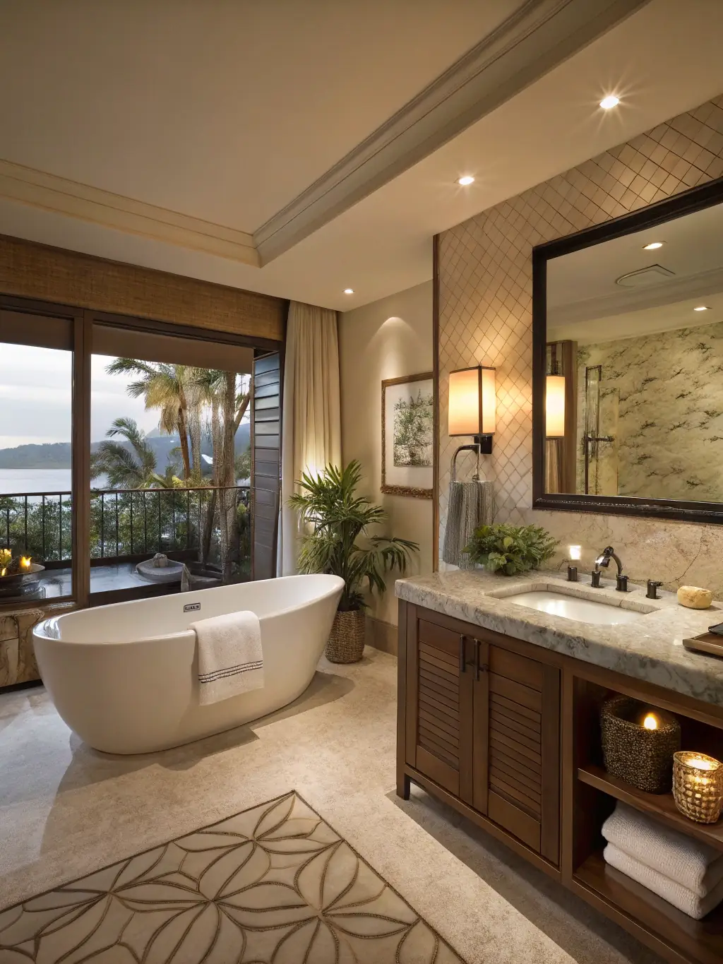 A luxurious bathroom vignette in the Vitex Innovation showroom, complete with a freestanding soaking tub, a glass-enclosed shower, and elegant tile work. The image should evoke a feeling of relaxation and spa-like luxury.